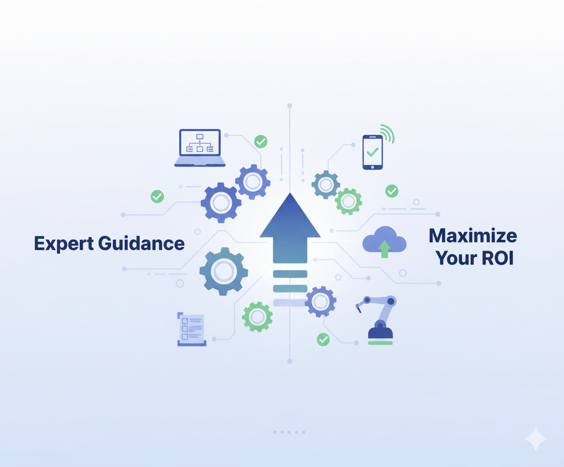 Business consultant presenting automation strategy on whiteboard with process flowchart